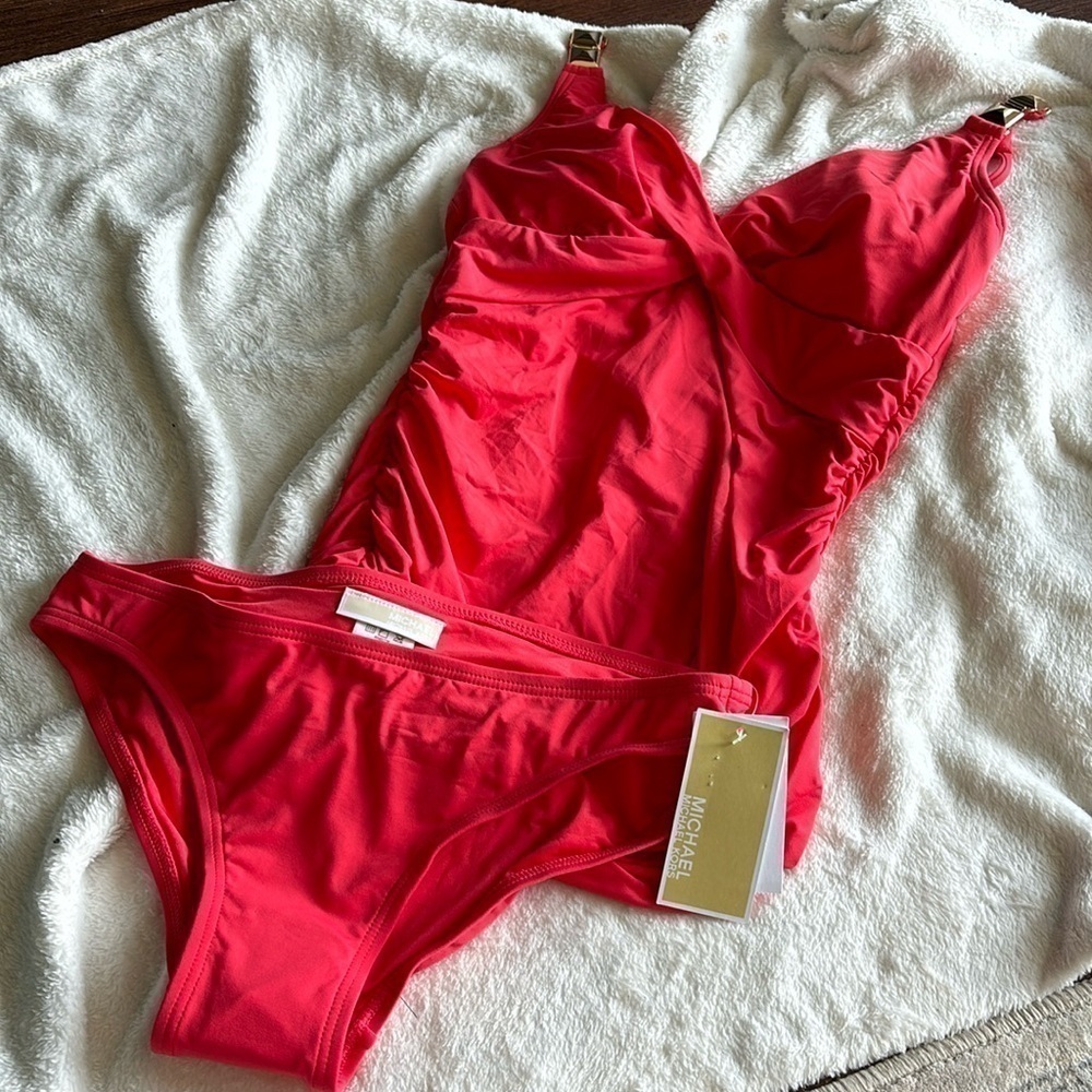 Michael Kors Sea coral 2 piece over the shoulder twist tankini swimsuit S - Picture 3 of 14